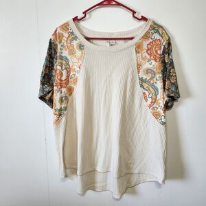 Cato Womens XL Floral Patchwork Waffle Knit Top Raglan Short Sleeve Boho
